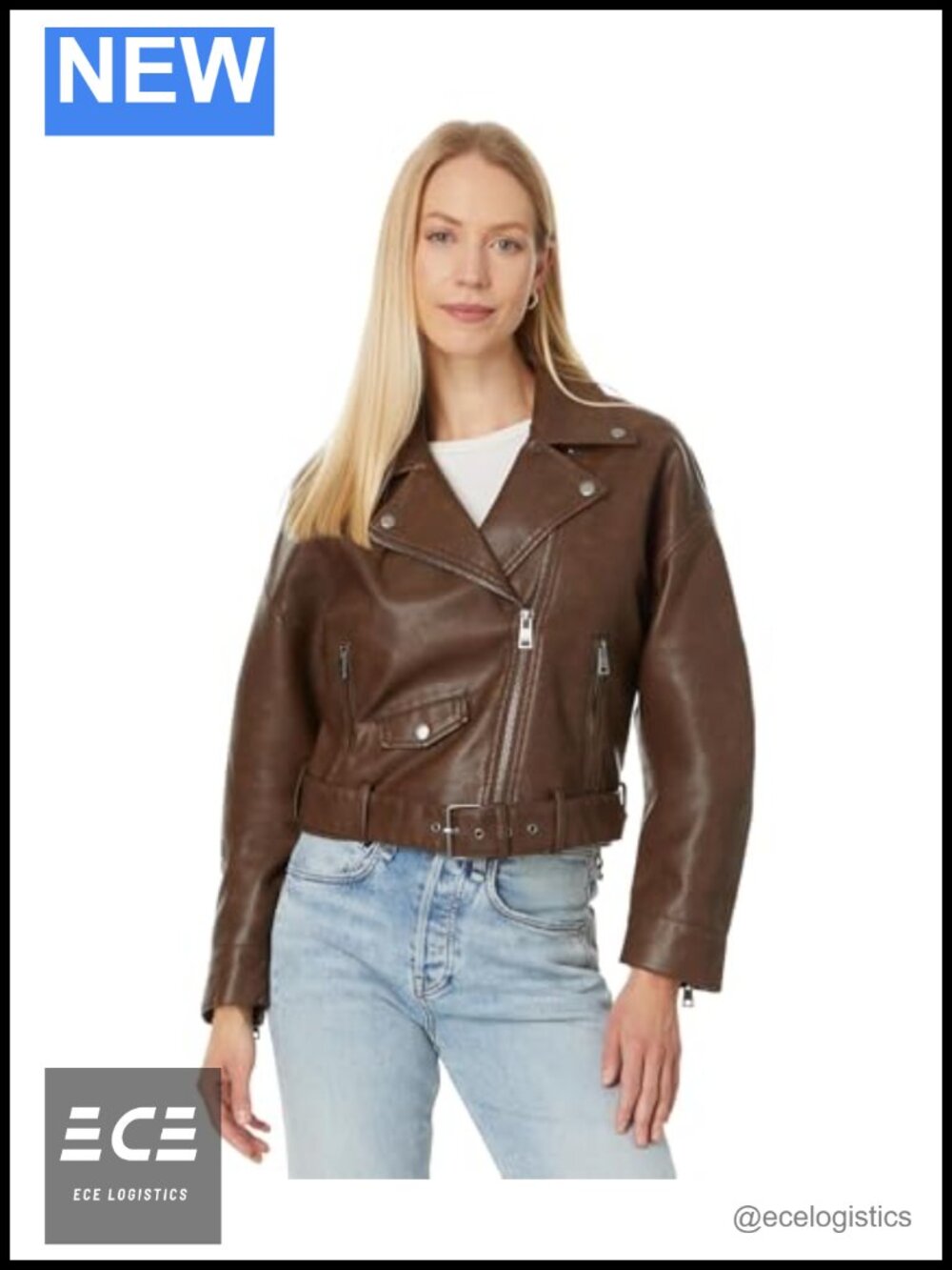 Faux Leather Cropped Moto Jacket Relaxed Drop Shoulder Belted